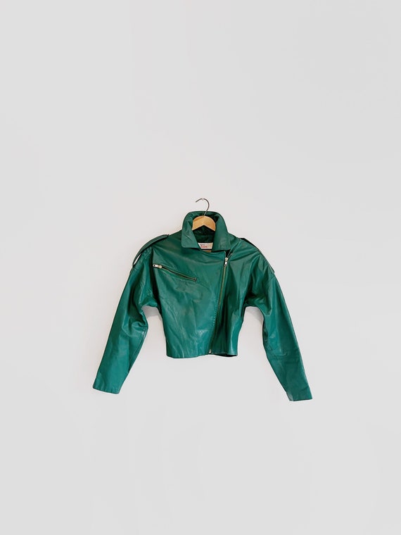 Vintage 80's Cropped Green Leather Motorcycle Jac… - image 1