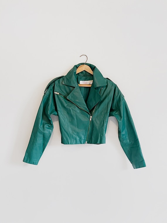 Vintage 80's Cropped Green Leather Motorcycle Jac… - image 3