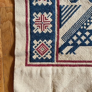 Fantastic Vintage Scandinavian Folk Art Style Cross Stitch Textile Tapestry Traditional Narrative Figural Pattern Cotton Wall Hanging Blue image 6