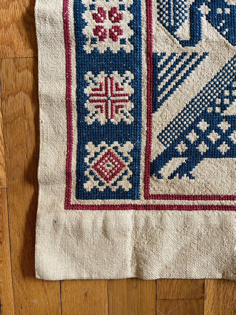 Fantastic Vintage Scandinavian Folk Art Style Cross Stitch Textile Tapestry Traditional Narrative Figural Pattern Cotton Wall Hanging Blue 画像 6