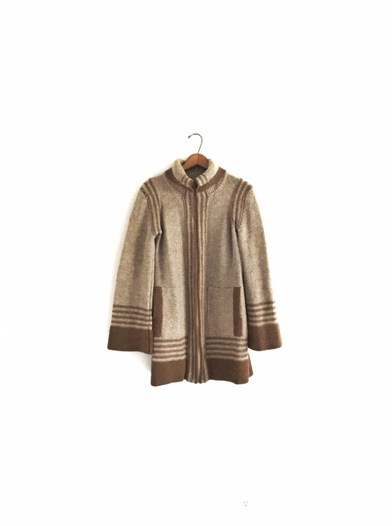 Vintage 70's Long Zippered Wool Cardigan Sweater Women's Small Bell Sleeves Shawl Funnel Collar Pockets "Kinetic"