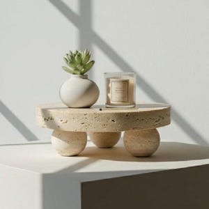 Dekorativ piedestal i travertin | Skulpturell natursten | Minimalistisk heminredning | Modern inredningsstyling | Dekorationsdisplay | Marmorföremål