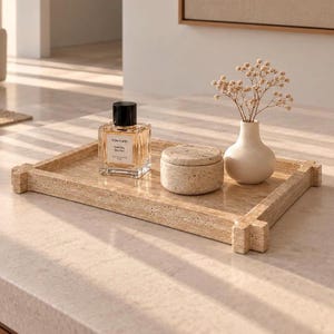 Bandeja de Travertino | Bandeja de Pedra Natural | Decoração Minimalista para Casa | Estilo de Interiores Moderno | Bandeja e Organizador Decorativo | Moldura
