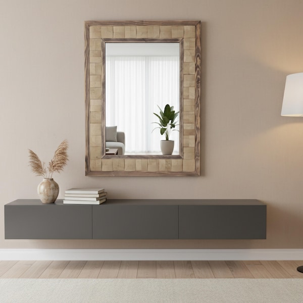 Specchio da parete in marmo | Specchio in pietra naturale con cornice in legno | Stile minimalista moderno | Arredamento bagno | Arredamento soggiorno | Sahara