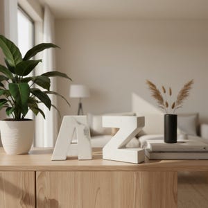 Könnte beinhalten: Ein dekorativer Holztisch mit einer Topfpflanze, weißen Marmor-Buchstaben-Skulpturen, einer schwarzen Vase mit getrockneten Blumen und gestapelten Büchern. Die Buchstaben "A" und "Z" sind zu sehen. Der Raum hat eine neutrale Farbpalette.