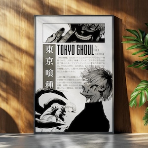 May include: A framed poster featuring the title "TOKYO GHOUL" with Japanese text and illustrations. The artwork depicts a manga-style character with black and white imagery. The poster is displayed against a wooden background.