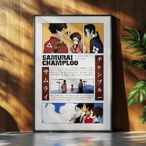 Könnte beinhalten: Gerahmtes Poster mit dem Anime "Samurai Champloo". Das Kunstwerk ist in Panels mit Illustrationen von Charakteren und Szenen unterteilt. Der Titel ist auf Englisch und Japanisch, mit Text, der die Mischung aus Hip-Hop und Samurai der Serie beschreibt.