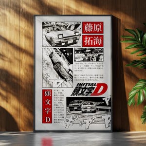 Op de afbeelding: Een ingelijste Initial D manga art print. De zwart-wit kunstwerken tonen raceauto's in actie, met Japanse tekst en panelen. De print wordt weergegeven op een houten oppervlak.