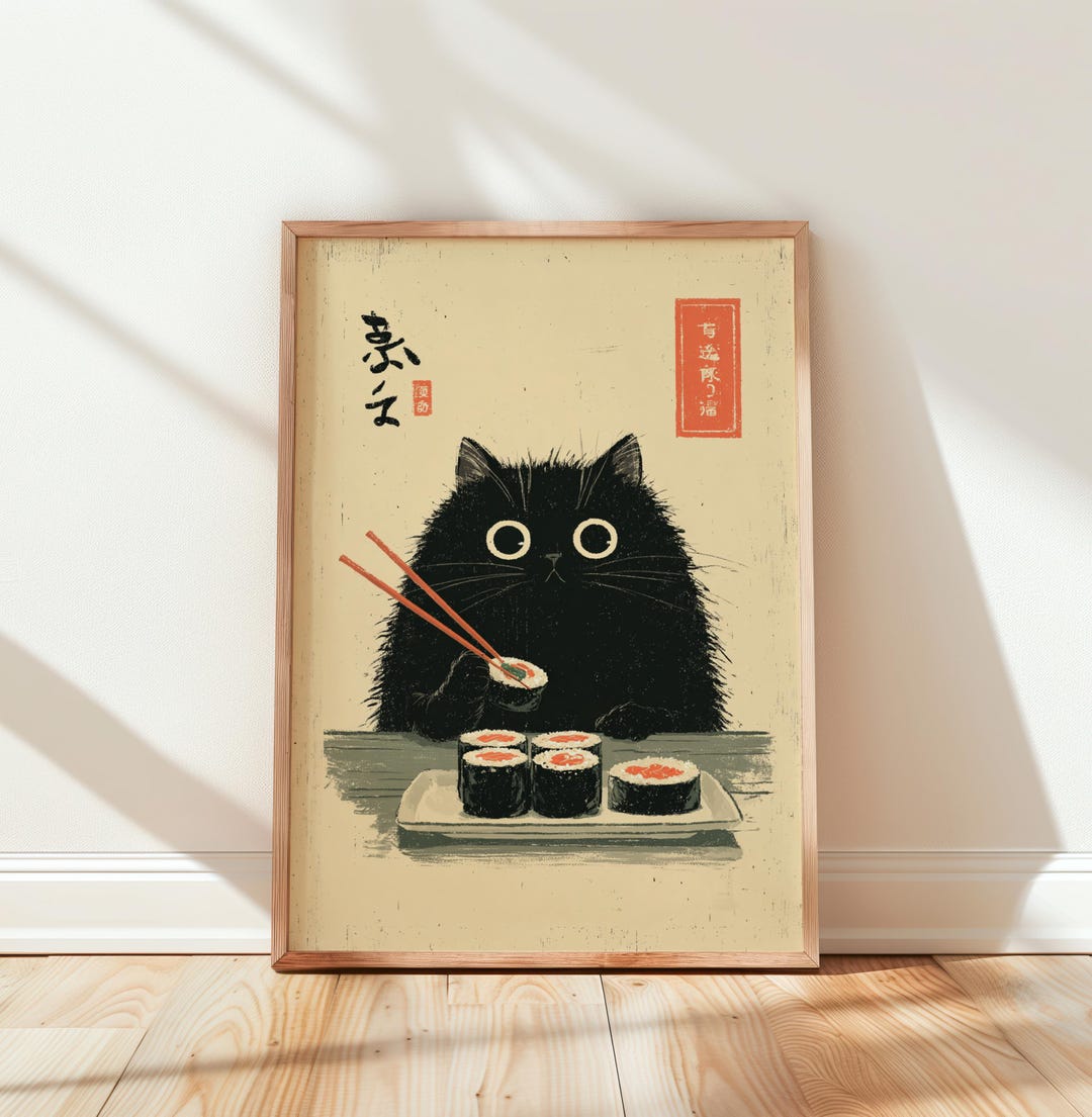 Japanese Cat Eating Sushi Wall Art | Japanese Poster | Cat Animal Print ...