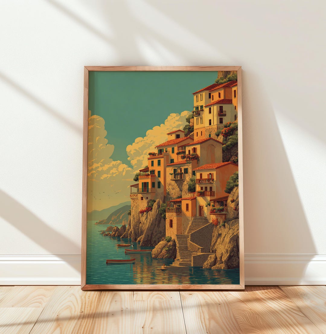 Mediterranean Cliffside Village Wall Art | Italian Village Painting ...