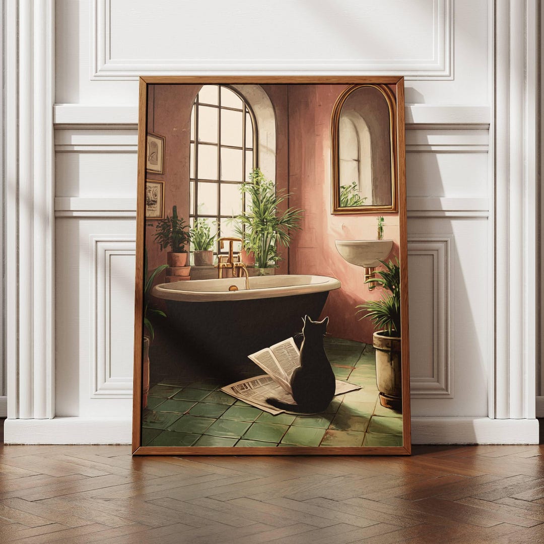Funny Bathroom Poster | Cat Reading Newspaper Print | Toilet Wall Art ...