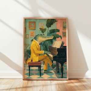 Funny Crocodile Playing Piano Poster | Funny Crocodile Wall Art | Quirky Home Decor | Abstract Wildlife Wall Art Decor | Animal Lover Gift