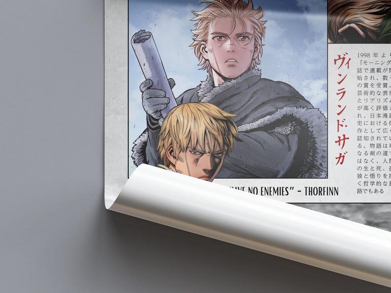 May include: Poster featuring two anime-style characters with blonde hair. One holds a scroll, wearing a dark coat with fur trim. The other is positioned below. Text in English reads "HAVE NO ENEMIES" and Japanese text is also present.