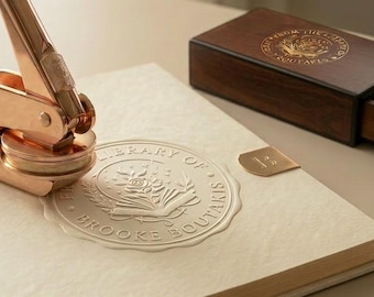Sello de latón personalizado con caja de regalo de madera, logotipo personalizado o sello para libros, sello de relieve de primera calidad, regalo de lujo, regalo para empresas o amantes de los libros.