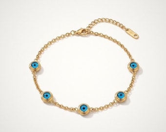 Gold Evil Eye Bracelet, Dainty Blue Eye Jewelry with Hypoallergenic Stainless Steel