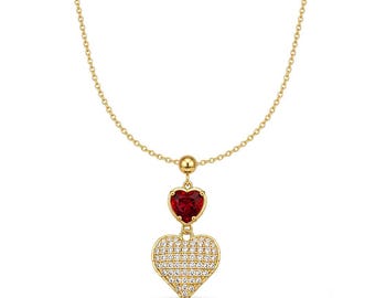 18K Gold Plated Double Heart Necklace, Red CZ Pave Pendant, Dainty Cubic Zirconia Chain