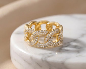 Chunky Gold Chain Ring, CZ Pave Cuban Link Ring, Statement Ring Gold Plated Stainless Steel, Iced Out Ring for Women