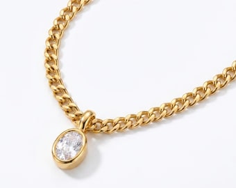 Gold Oval CZ Bezel Pendant Necklace, Curb Chain, 18K Plated Stainless Steel