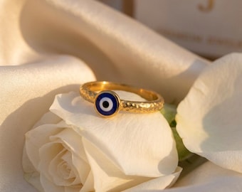 Gold Evil Eye Ring, Hammered Stainless Steel Band, Dainty Blue Eye Statement