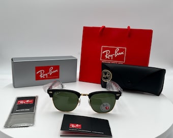 Ray-Ban Clubmaster Classic RB3016 – Occhiali da sole vintage neri e oro con lenti verdi G-15 / Unisex