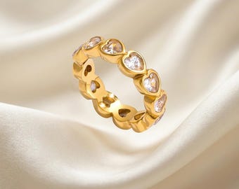 Heart Eternity Ring Gold, Bezel CZ Heart Band 18K Gold Plated Stainless Steel, Promise Ring for Her, Valentines Gift, Size 6-8