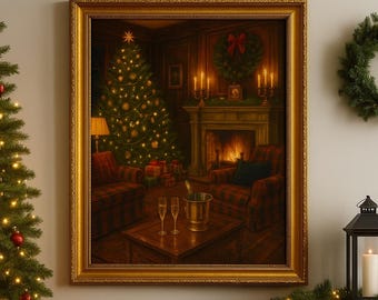 Könnte beinhalten: Gerahmtes Gemälde einer gemütlichen Weihnachtsszene. Das Kunstwerk zeigt einen geschmückten Weihnachtsbaum, einen Kamin und zwei Sessel. Ein Tisch hält Champagnergläser und einen Eimer. Der Raum ist warm mit Kerzen und einer Lampe beleuchtet, was eine festliche Atmosphäre schafft.