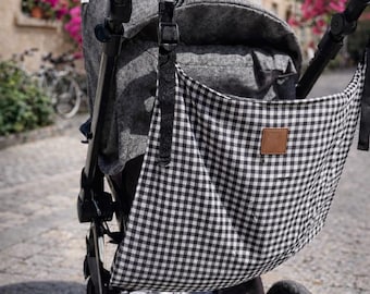 Asiento auxiliar para carrito bebé | Universal stroller toddler seat | Hamaca para viaje | Handmade | Black Vichy