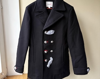 Paco Rabanne H&M Mens Wool Coat Jacket Peacoat Black Army Style