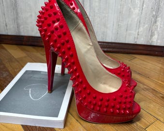 Christian Louboutin Red Patent Leather Lady Peep Spike Pumps