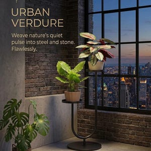 Op de afbeelding: Een zwarte metalen plantenstandaard met twee niveaus, ronde plateaus en een gebogen voet. De tekst op de muur luidt: URBAN VERDURE Weave nature's quiet pulse into steel and stone. Flawlessly. Een derde plant staat in een gevlochten mand.