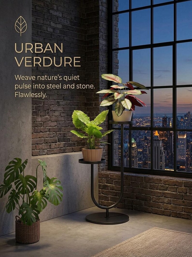 Op de afbeelding: Een zwarte metalen plantenstandaard met twee niveaus, ronde plateaus en een gebogen voet. De tekst op de muur luidt: URBAN VERDURE Weave nature's quiet pulse into steel and stone. Flawlessly. Een derde plant staat in een gevlochten mand.
