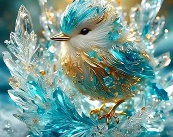 Blue Flower Bird Diamond Art Kit, DIY Gem Decor