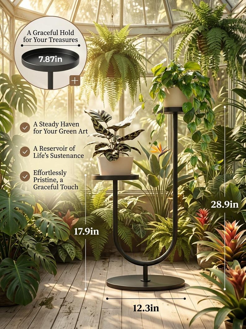 Op de afbeelding: Een zwarte metalen plantenstandaard met twee ronde niveaus, 31,24 cm breed, 45,47 cm en 73,41 cm hoog, met een bovendiameter van 19,99 cm. De tekst bevat A Graceful Hold for Your Treasures, A Steady Haven for Your Green Art, A Reservoir of Life's Sustenance en Effortlessly Pristine, a Graceful Touch.