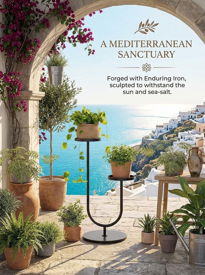 Op de afbeelding: Een zwarte metalen plantenstandaard met een U-vormige voet en twee ronde niveaus voor potplanten. De tekst luidt: A MEDITERRANEAN SANCTUARY. Forged with Enduring Iron, sculpted to withstand the sun and sea-salt. Omringd door diverse potplanten.
