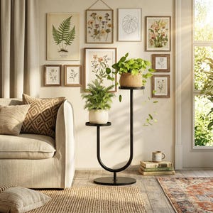 May include: A black metal plant stand with a U-shaped frame and two circular tiers at different heights. The lower tier holds a potted fern in a white ceramic pot, while the upper tier holds a trailing green plant in a woven basket planter.