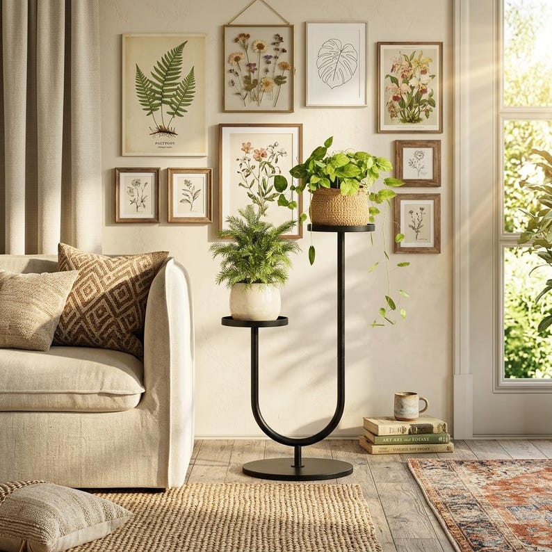 Op de afbeelding: Een zwarte metalen plantenstandaard met een U-vormig frame en twee ronde niveaus op verschillende hoogtes. Het onderste niveau bevat een varen in een witte keramische pot, terwijl het bovenste niveau een hangplant in een gevlochten mand bevat.