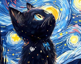 Puede incluir: Un gato negro mira hacia un cielo nocturno arremolinado lleno de estrellas amarillas y una luna brillante. La obra de arte presenta un estilo inspirado en Van Gogh con pinceladas texturizadas y una vibrante paleta de colores de azules, amarillos y negros. Un corazón y otras formas están en el gato.