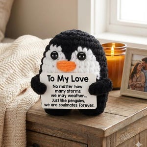 May include: A handmade crochet penguin with a white belly, black head and wings, and an orange beak. The penguin holds a sign that reads "To My Love" and a romantic message. A candle and framed photo are in the background.