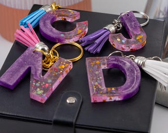 Personalized Initial Glitter Resin Purple Keychain