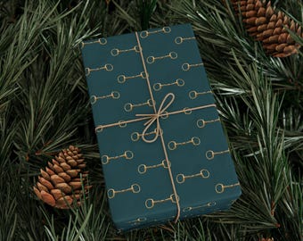Equestrian Teal and Gold Snaffle Bit Wrapping Paper, Horse Lover Gift Wrap, Equestrian Party Supplies, Teal and Gold Gift Wrap, Heavy Duty