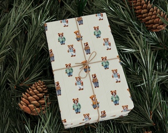 Green Stripe Ralph Lauren Watercolor Bear print Gift Wrap Wrapping Paper