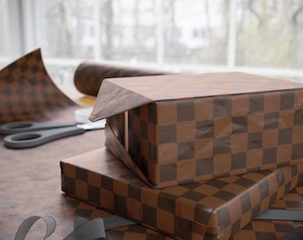 Luxury Gift Wrap Wrapping Paper Roll - Heavy Duty Dark Brown & Chocolate checkered, Holiday Gift Wrap, Special Occasion Wrap