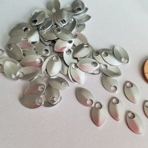 May include: A pile of silver metal scales with a hole in the centre of each scale. The scales are about the size of a UK penny.