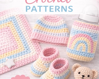 Baby Geschenk Set Häkelanleitung | Decke, Booties, Mütze, Flaschenwärmer, Beißring | Sofort Download PDF