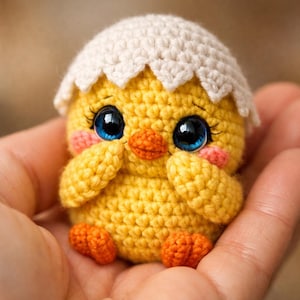 Könnte beinhalten: Ein gehäkeltes gelbes Küken mit einem weißen Eierschalenhut. Das Küken hat große blaue Augen, orangefarbene Füße und einen Schnabel sowie rosafarbene Wangen. Das handgefertigte Amigurumi ist eine charmante Oster- oder Frühlingsdekoration.