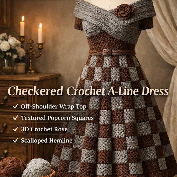 Checkered Crochet Dress Pattern | A-Line Midi, Popcorn Stitch (PDF Download)