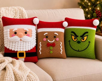 Bundel met 3 haakpatronen voor kerstkussens | Kerstversiering met de Kerstman, de Grinch en peperkoek | Direct te downloaden