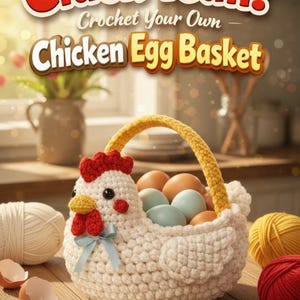 May include: A crocheted chicken-shaped egg basket filled with brown and blue eggs. The basket has a yellow handle and a red comb. The text "Cluck Yeah! Crochet Your Own Chicken Egg Basket" is at the top of the image.