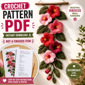 Hibiskus Blume Häkelanleitung PDF | Wandbehang Tapisserie Muster | Tropisches Boho Wohndekor | Graphik + Schriftliche Anleitung