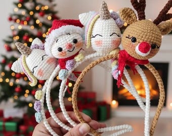Weihnachtliche Häkelanleitungen für Stirnband - Rentier, Schneemann & Einhorn Amigurumi PDF
